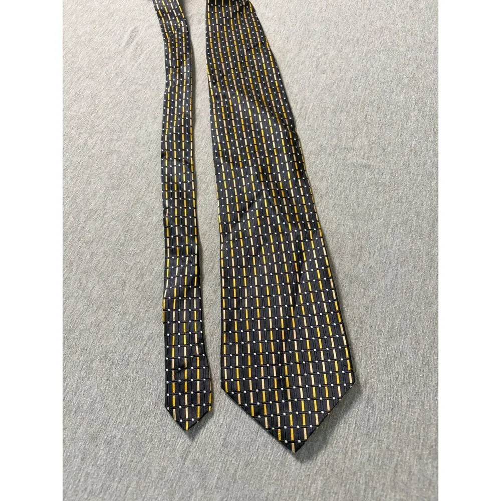 NWT Mondo Seta Italy 100% Silk Tie Navy Blue Gold Grid Geometric
